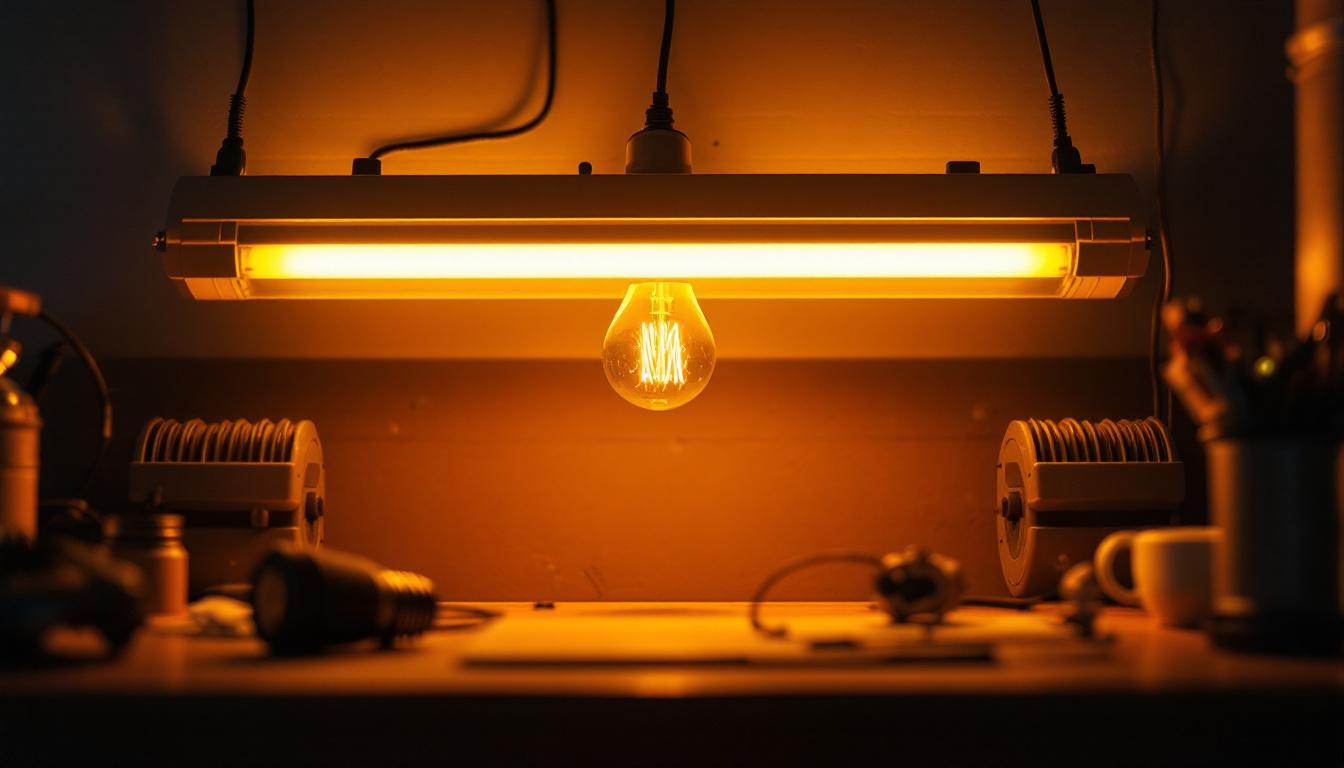 A photograph of a close-up view of a flickering fluorescent light fixture in an indoor setting