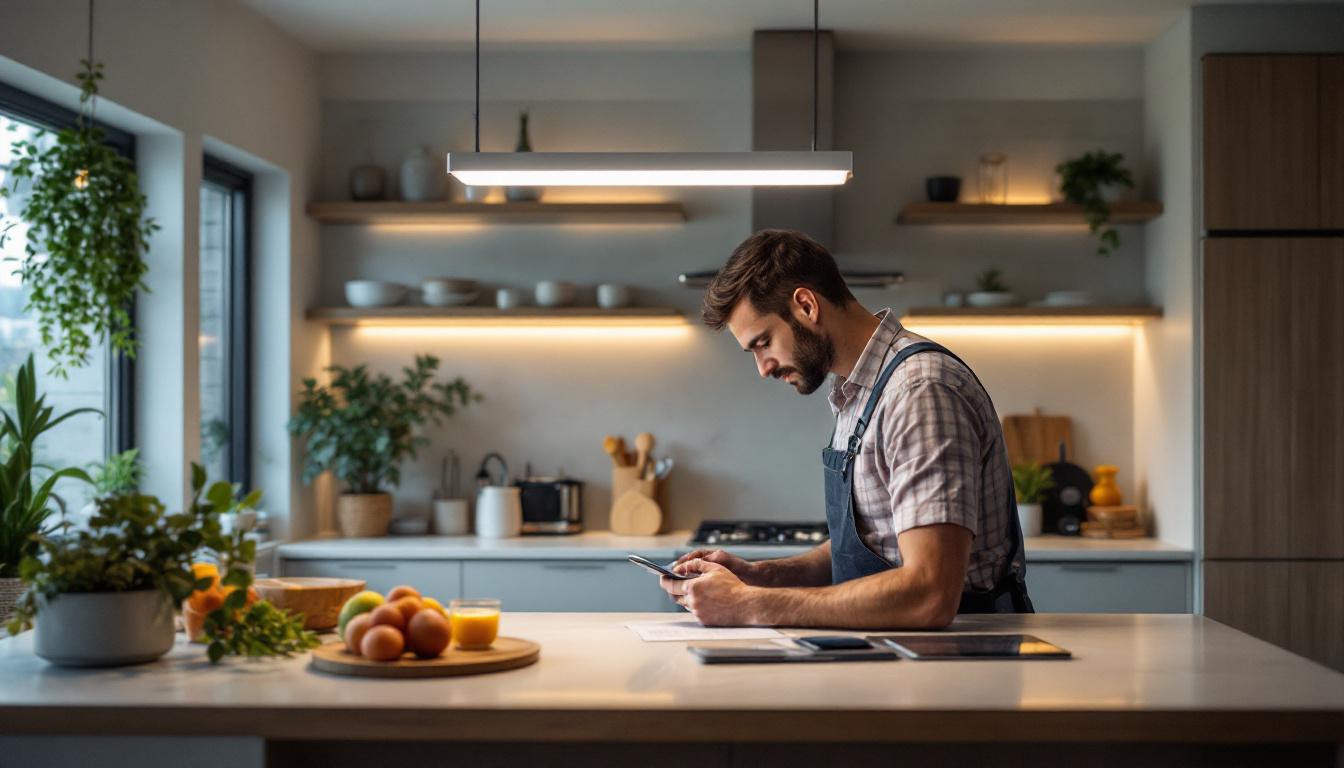 A photograph of a modern kitchen illuminated by a sleek 4-foot led light fixture