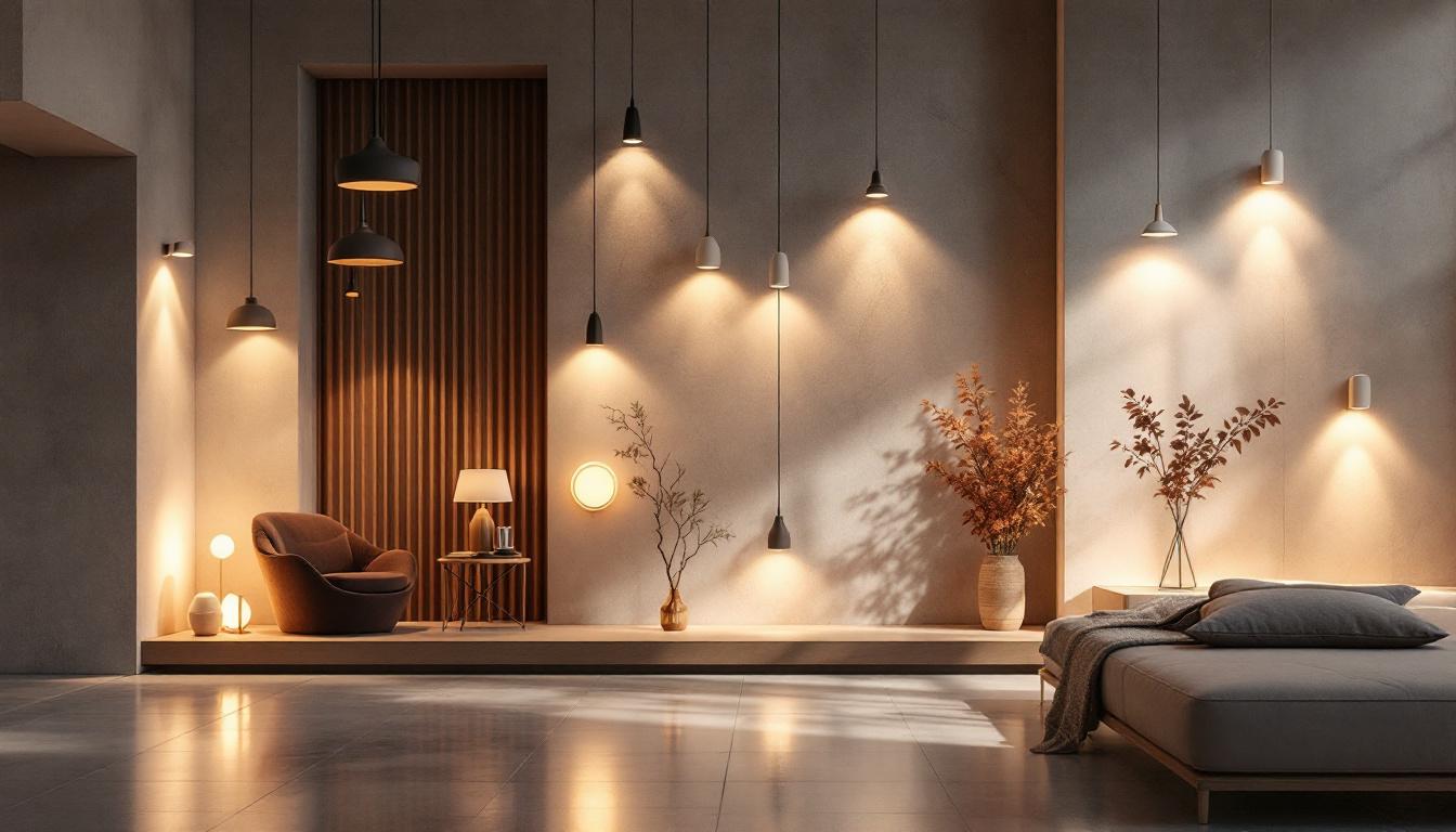 A photograph of a beautifully designed space showcasing a variety of innovative lighting fixtures that highlight the interplay of light and shadow