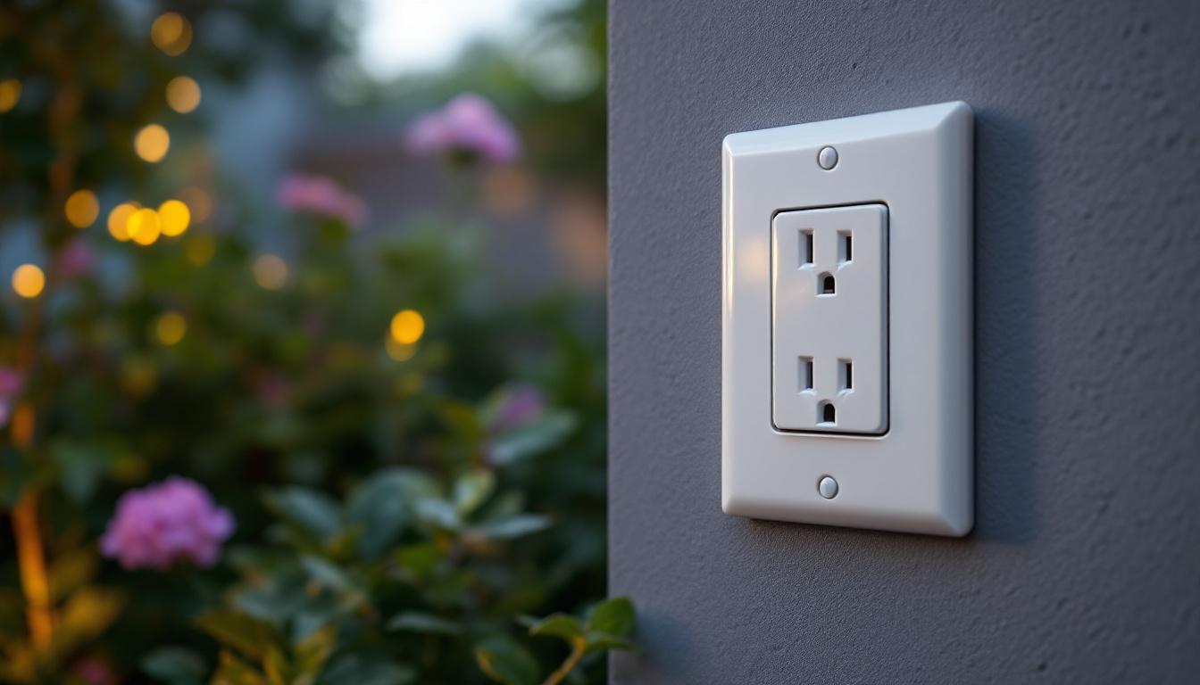 A photograph of a well-designed outdoor electrical outlet cover installed in a garden or patio setting