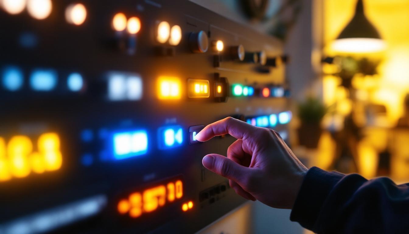 A photograph of a well-lit workspace featuring an engineer adjusting the brightness of various led lights on a control panel
