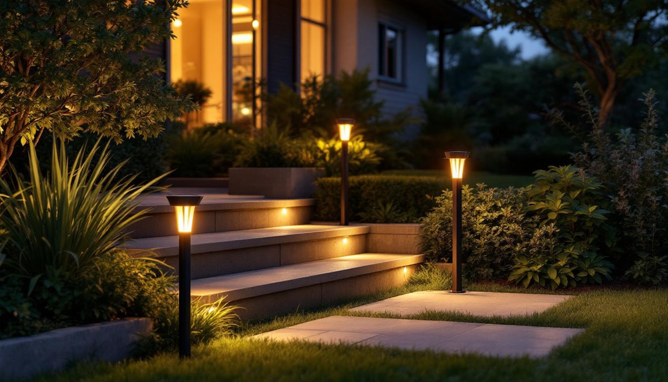 A photograph of a beautifully landscaped outdoor space illuminated by stylish solar step lights at dusk