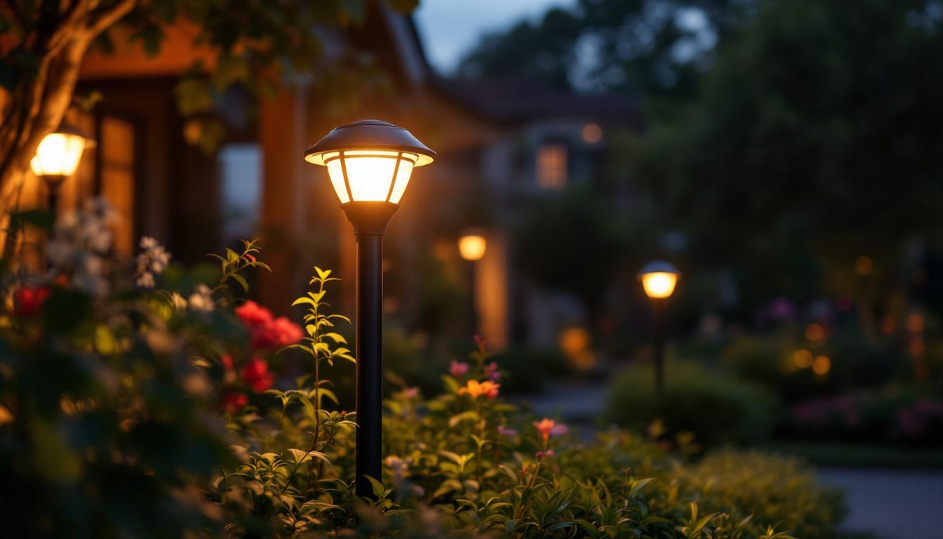 A photograph of a beautifully illuminated solar post light installed in a residential or garden setting during twilight