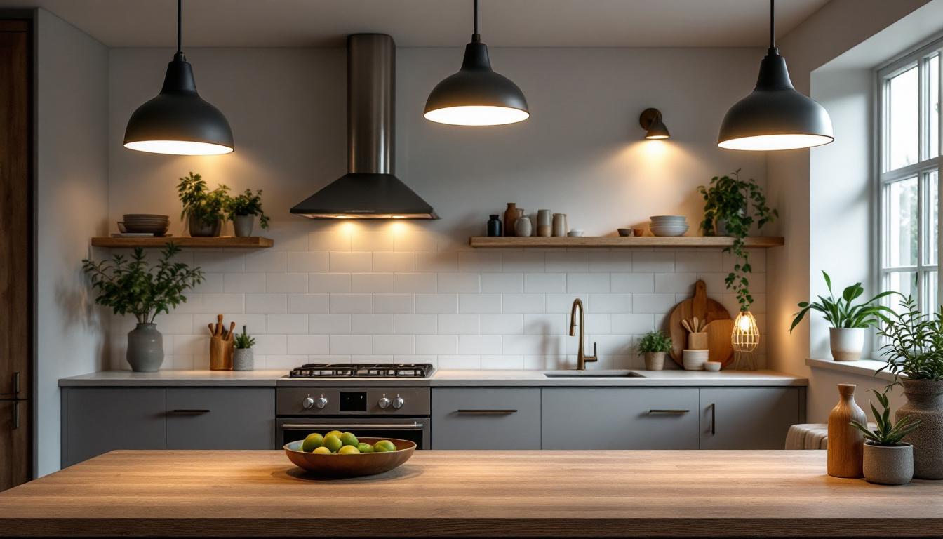 A photograph of a well-designed kitchen showcasing a variety of lighting fixtures