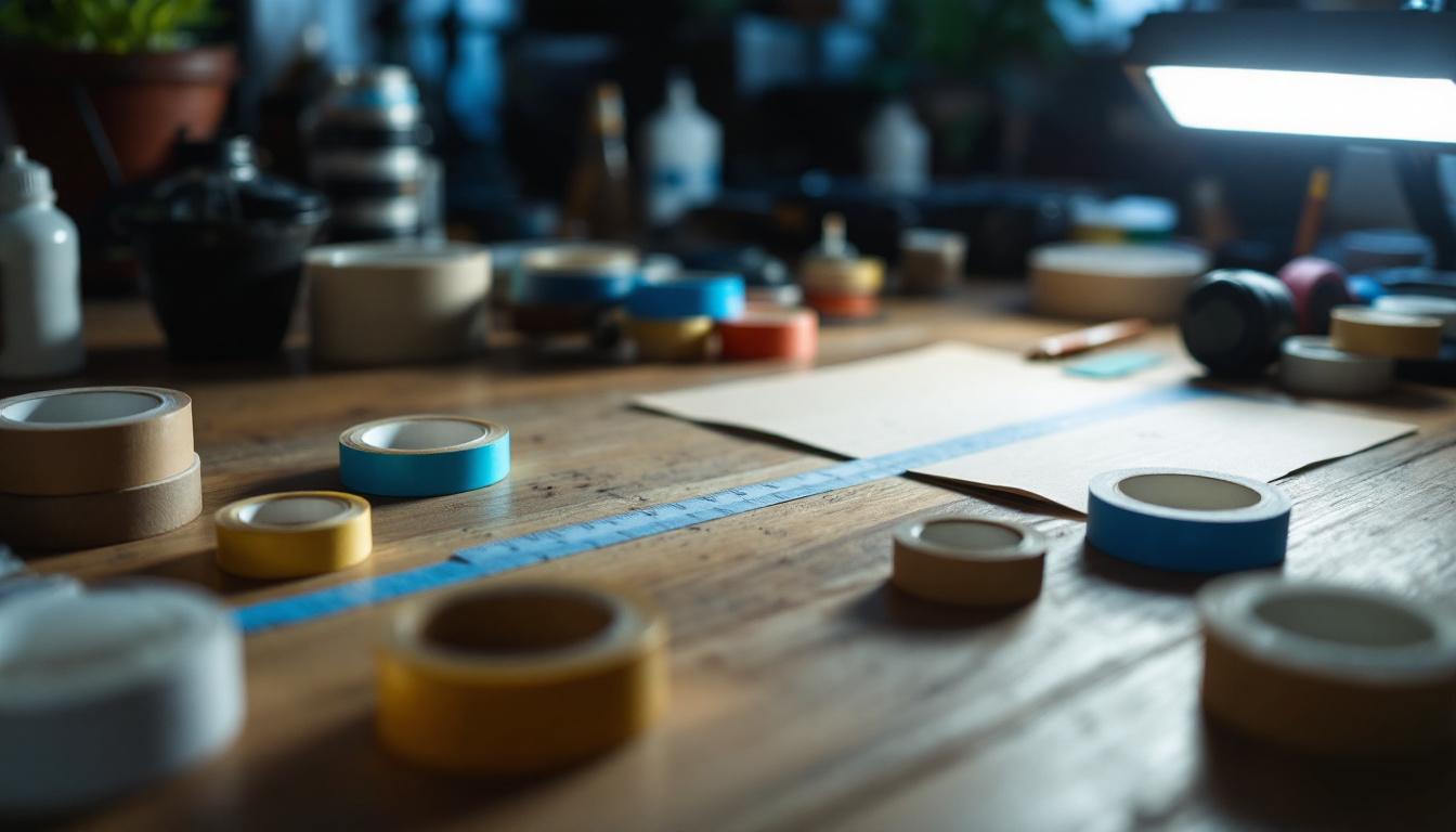 A photograph of a well-organized workspace featuring various types of tape and lighting equipment