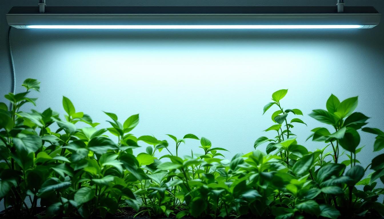 A photograph of a well-lit indoor gardening setup featuring fluorescent tube grow light bulbs illuminating vibrant plants