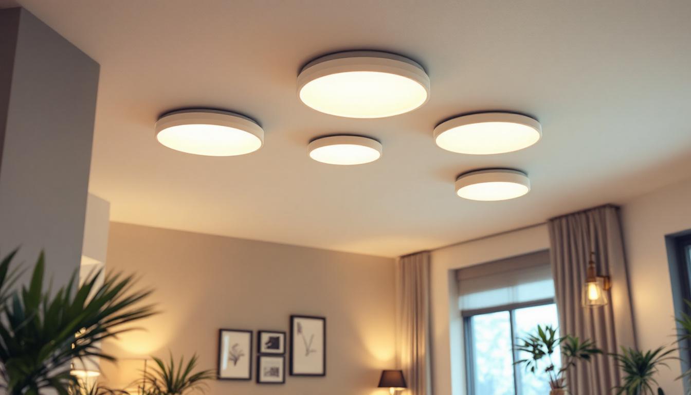 A photograph of a well-lit room featuring various sizes of recessed lighting fixtures installed in the ceiling