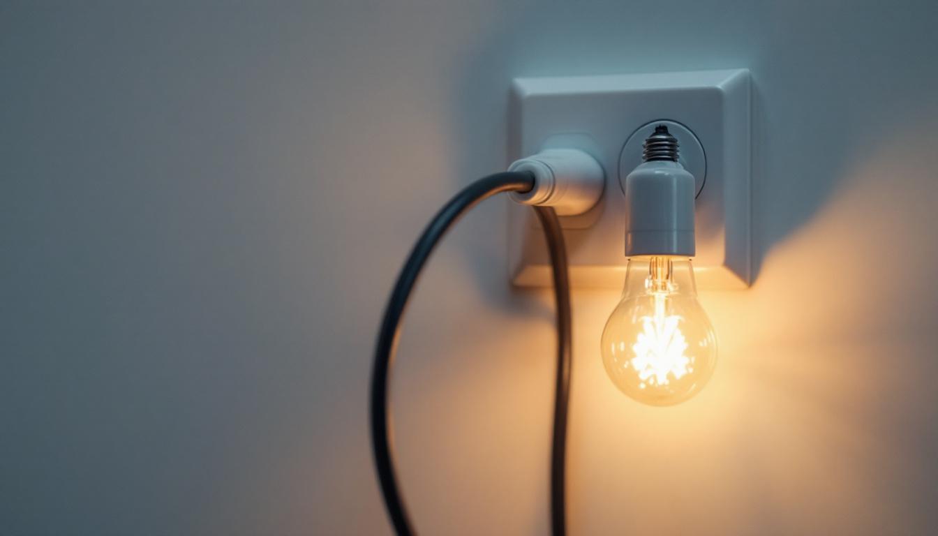 A photograph of a close-up of a single plug electrical outlet with a light bulb plugged in