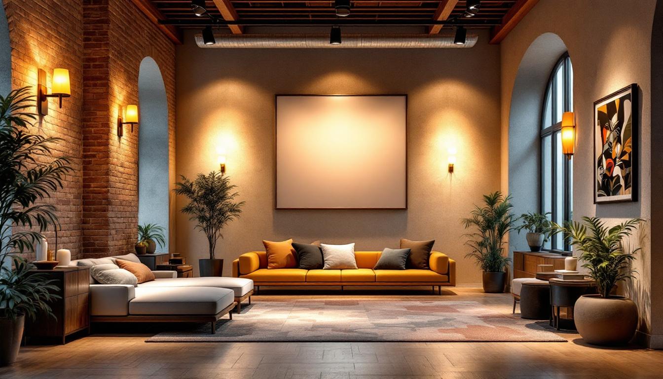 A photograph of a beautifully designed interior space featuring strategically placed flood lights that highlight architectural features and create a warm