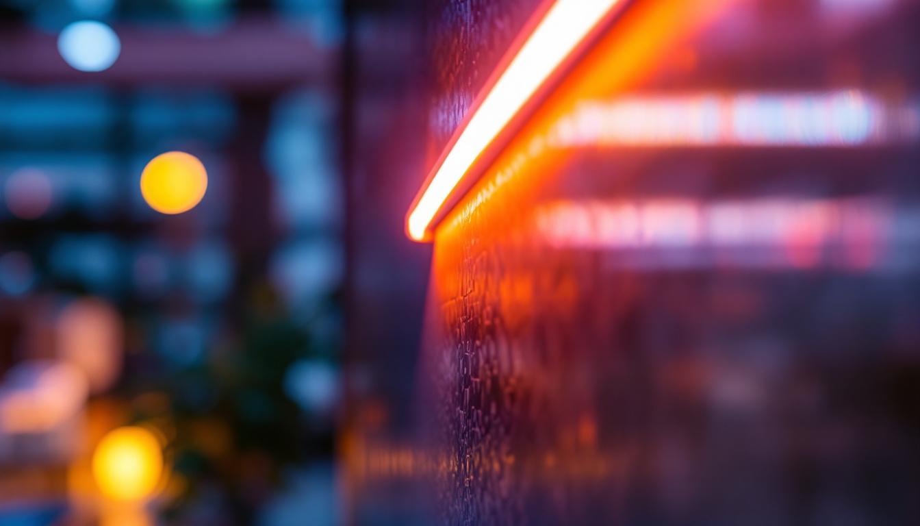 A photograph of a close-up shot of vibrant led flexible strip lights being installed in a modern interior setting