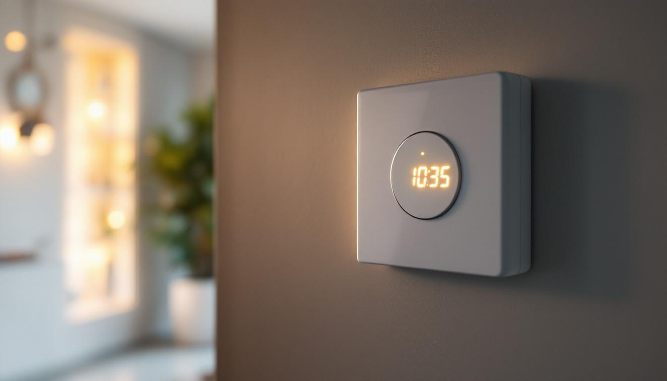 A photograph of a close-up shot of a modern wall light switch timer installed in a stylish home setting