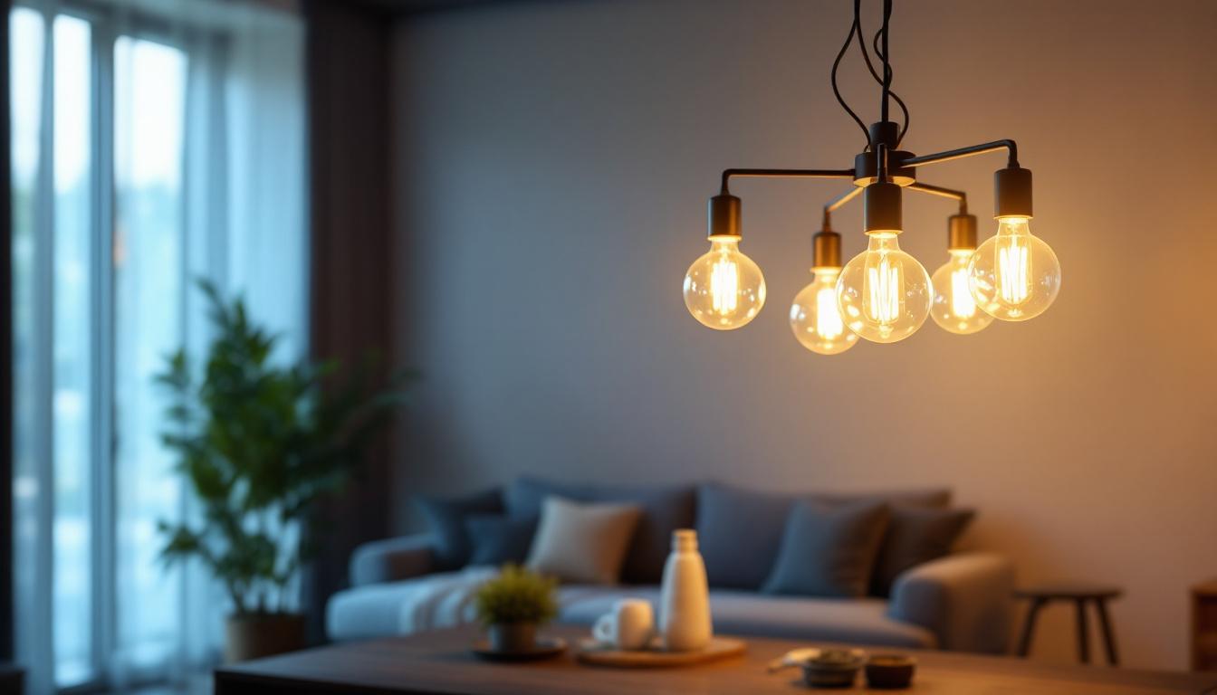 A photograph of a beautifully designed 6-light pendant fixture in a stylish interior setting