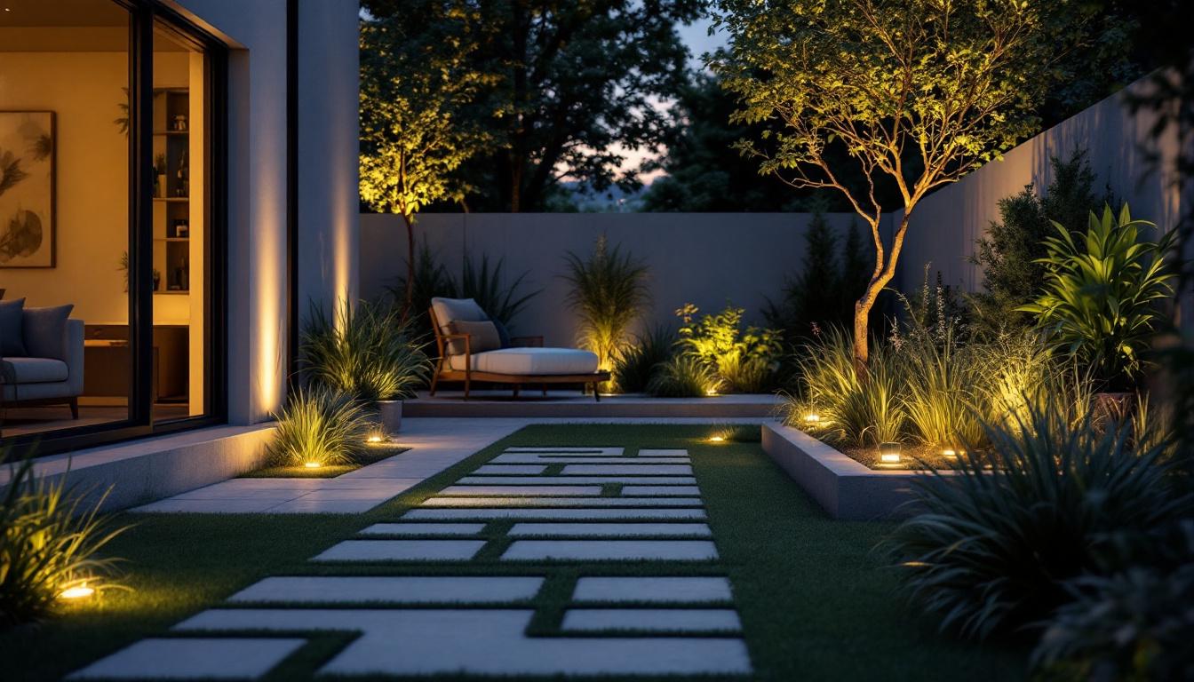 A photograph of a beautifully designed outdoor space illuminated by wireless sensor lights