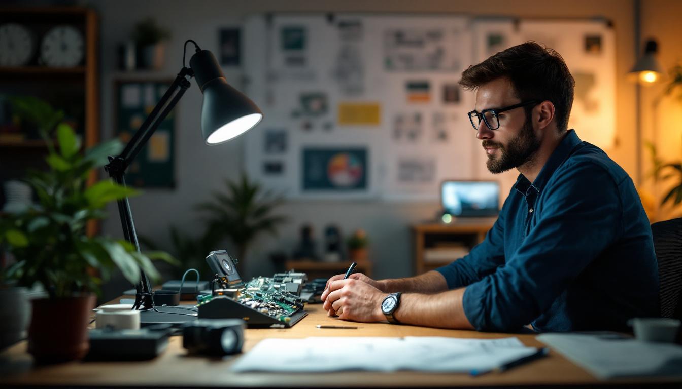 A photograph of a well-lit workspace featuring an electrical engineer at a desk