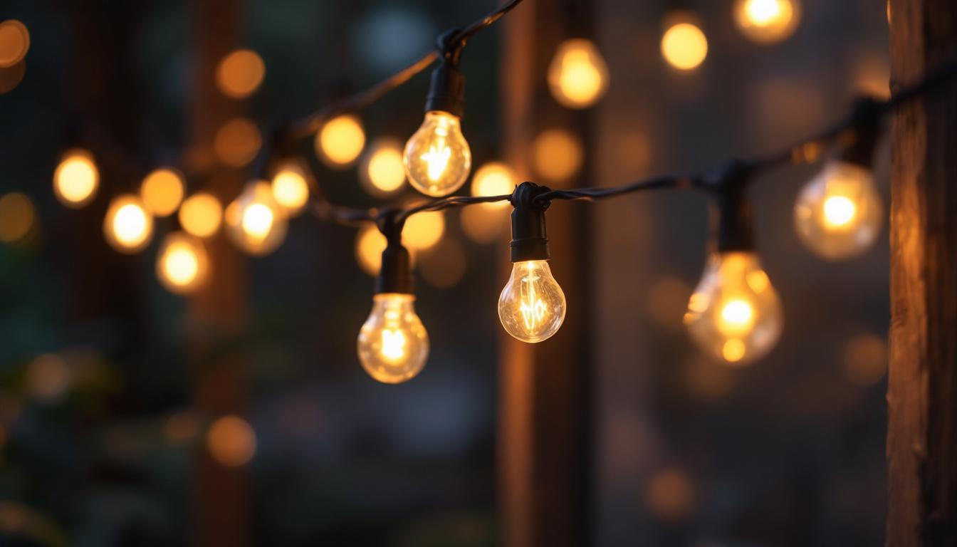 A photograph of a beautifully arranged setup of incandescent string lights illuminating a cozy outdoor or indoor space