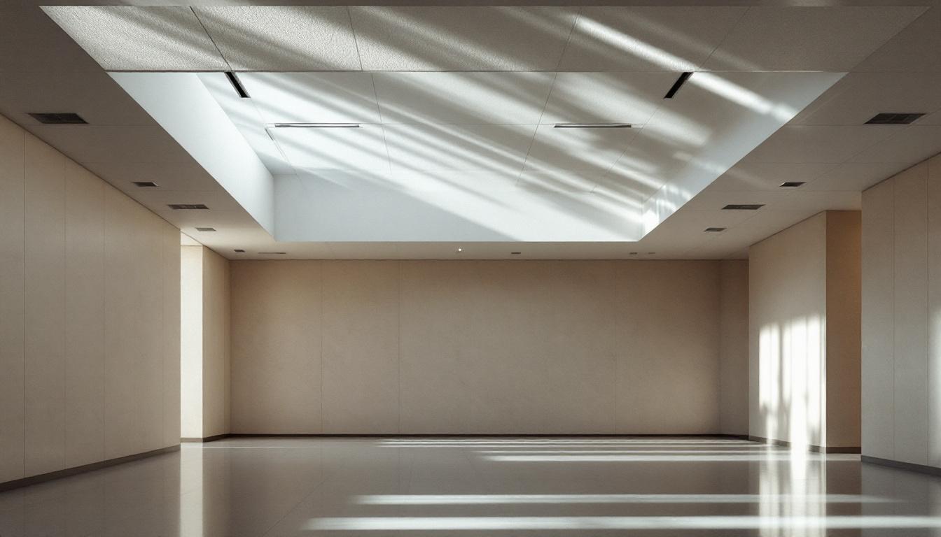 A photograph of a well-lit interior space featuring a drop ceiling