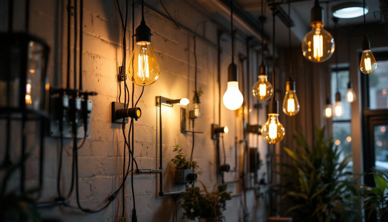 A photograph of a modern electrical lighting system in an aesthetically pleasing interior setting