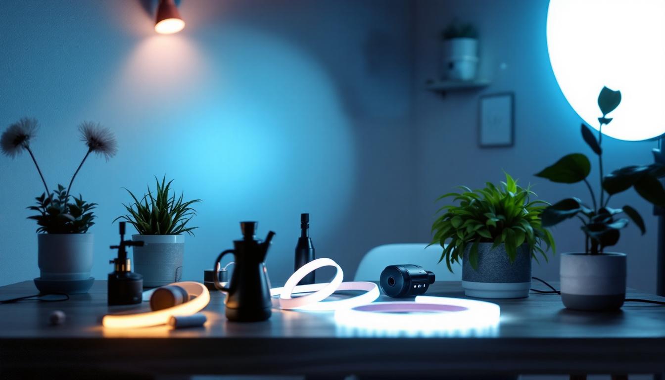 A photograph of a well-lit scene showcasing various accessories for led strip lights