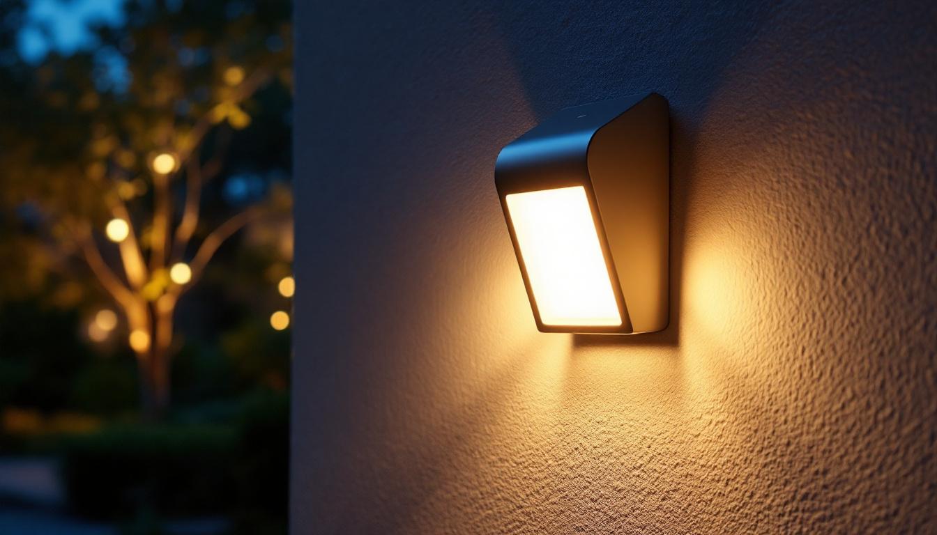 A photograph of a stylish outdoor motion light fixture installed in a well-lit garden setting at dusk