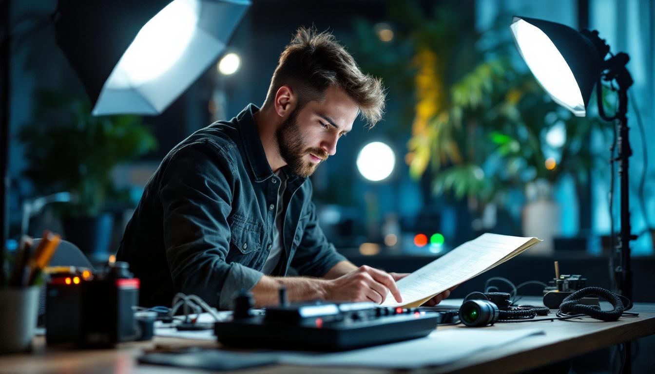 A photograph of a lighting engineer at work in a well-lit environment