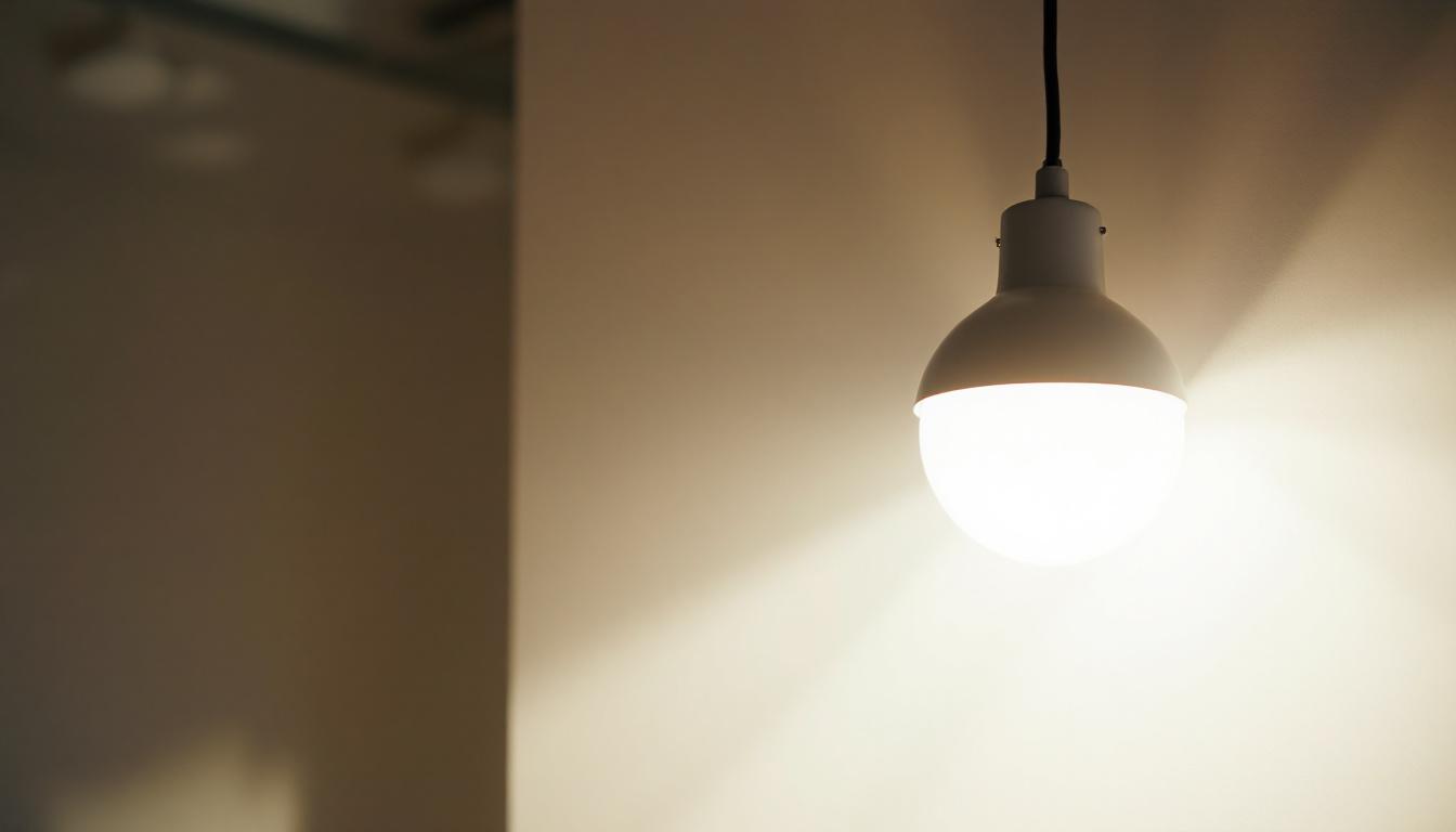 A photograph of a well-lit interior space featuring a modern light fixture with a visible ballast