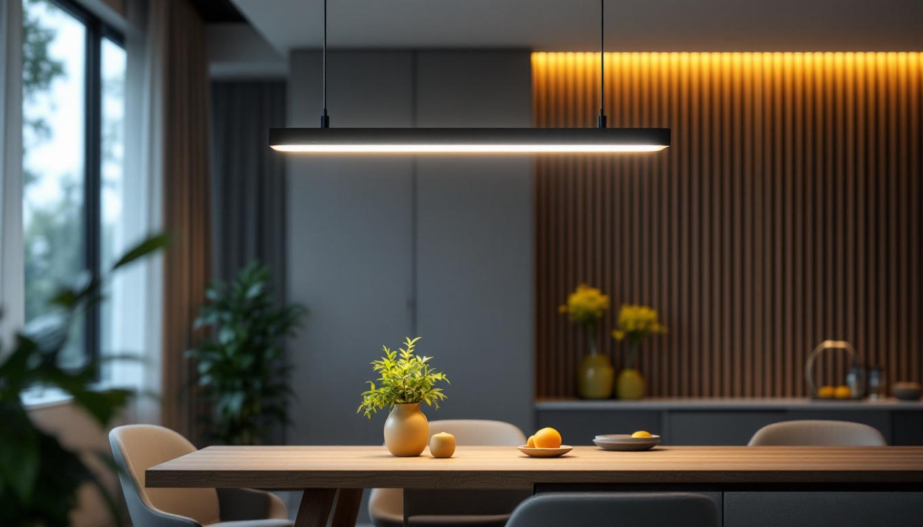 A photograph of a modern 4-foot led light fixture installed in a stylish interior setting