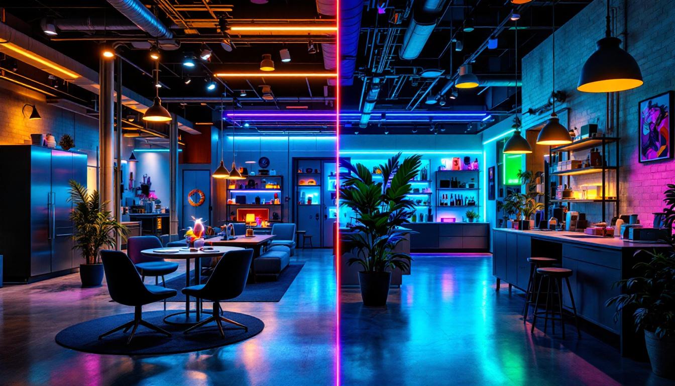 A photograph of a side-by-side comparison of an industrial workspace illuminated by powerful led uv lights and a commercial retail setting showcasing vibrant colors and products under softer led uv lighting