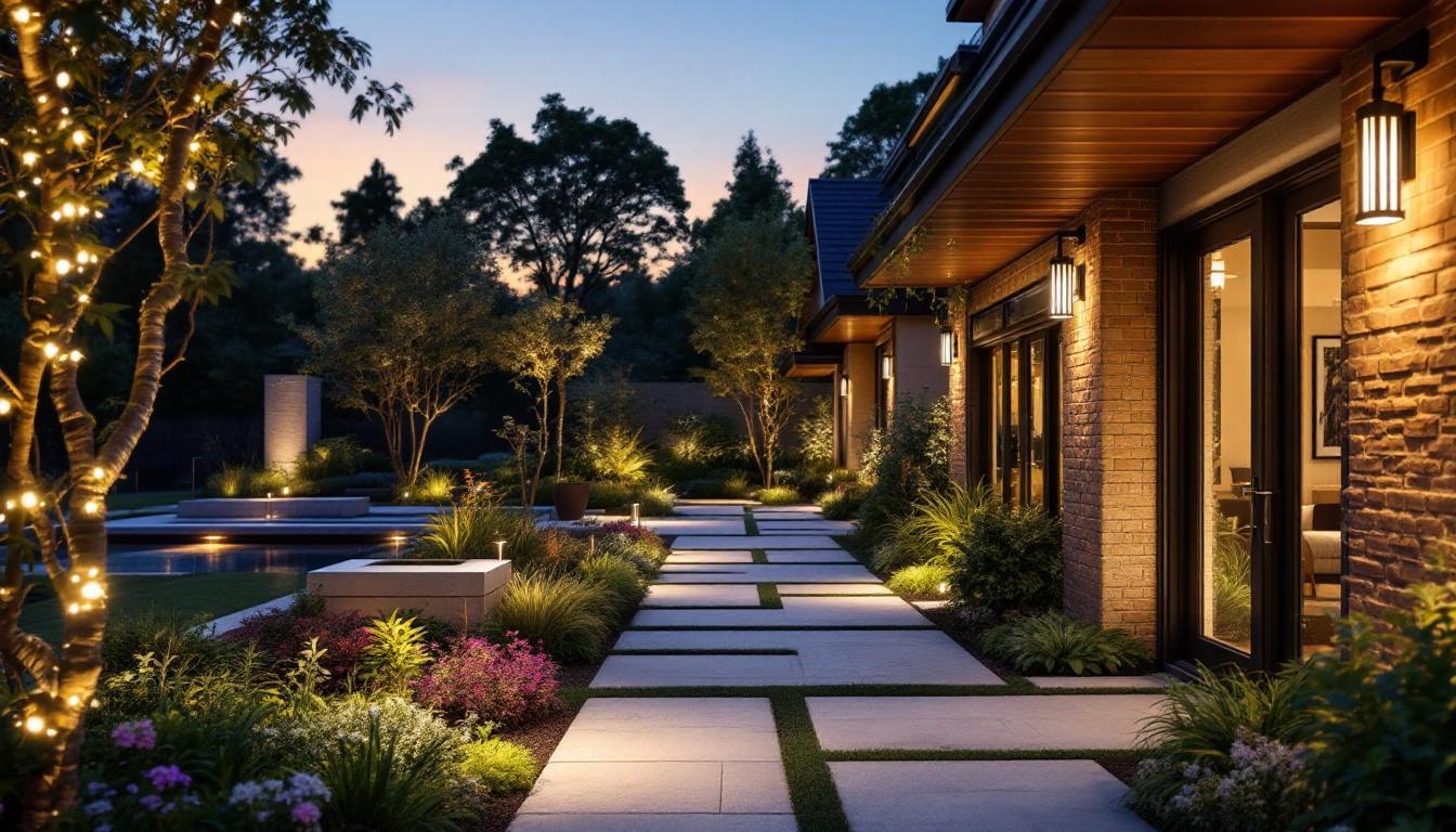 A photograph of a beautifully landscaped outdoor space illuminated by various led lighting fixtures