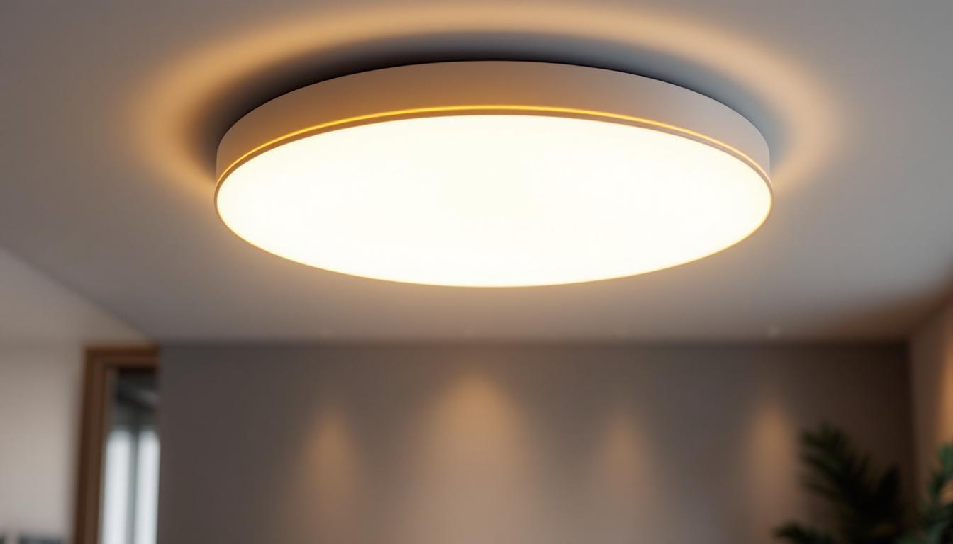 A photograph of a modern round ceiling light fixture elegantly illuminated in a stylish interior setting