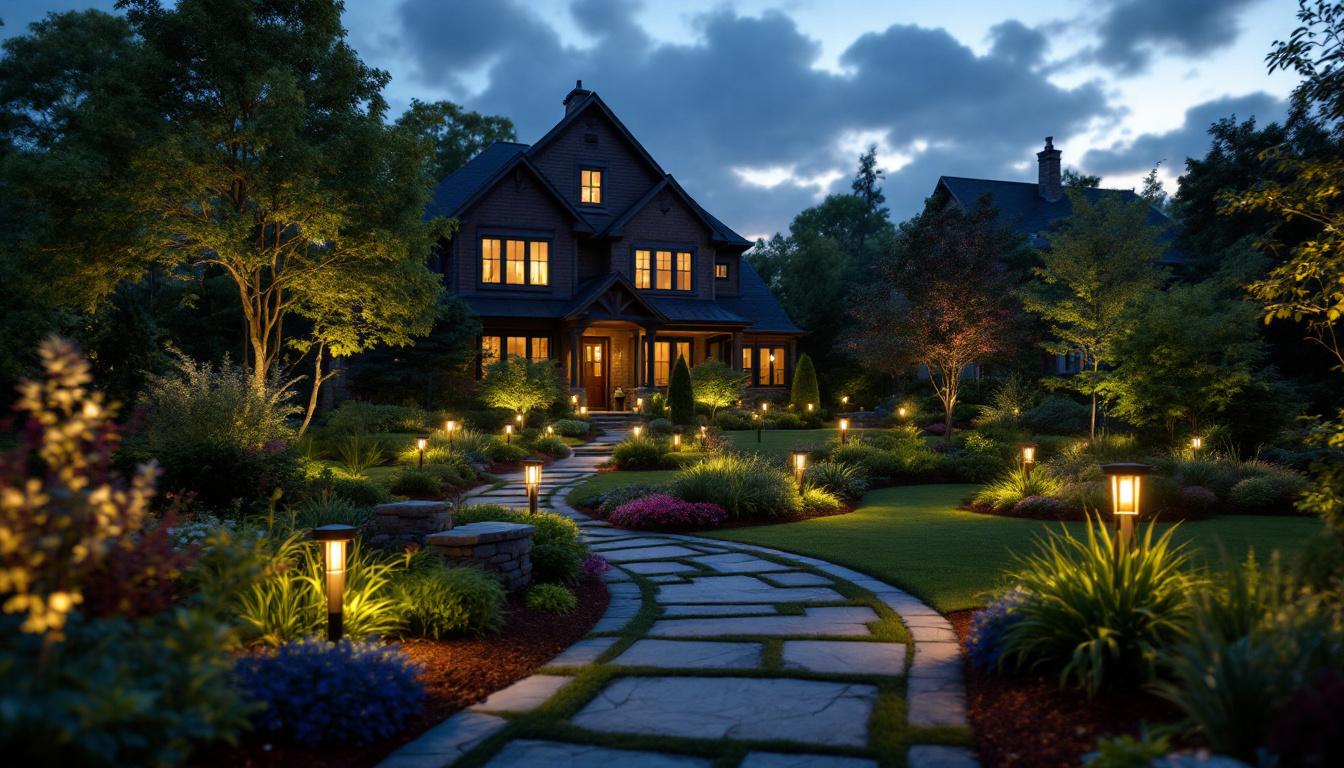 A photograph of a beautifully illuminated outdoor landscape featuring various types of landscape lighting fixtures