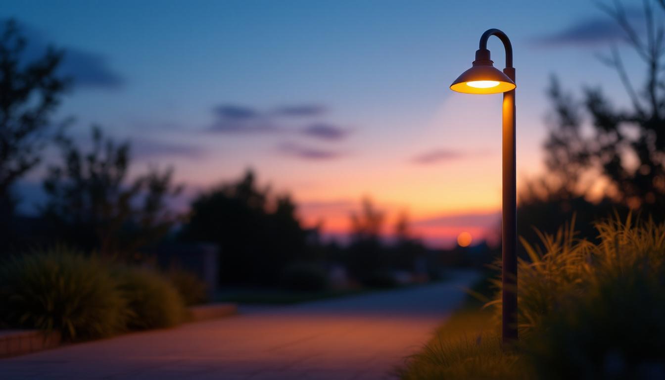 A photograph of a dusk-to-dawn light fixture illuminating a pathway or outdoor space