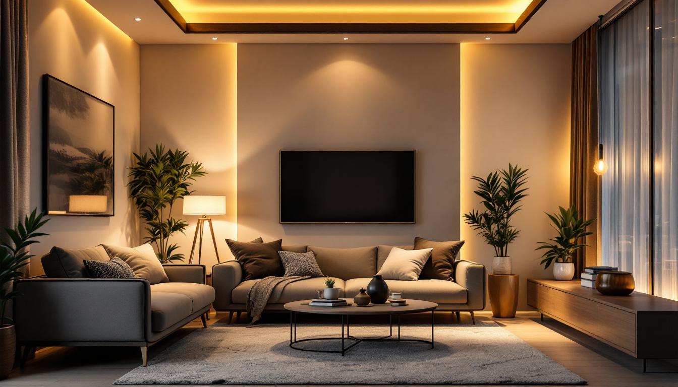 A photograph of a beautifully designed living room illuminated by a variety of stylish led lights