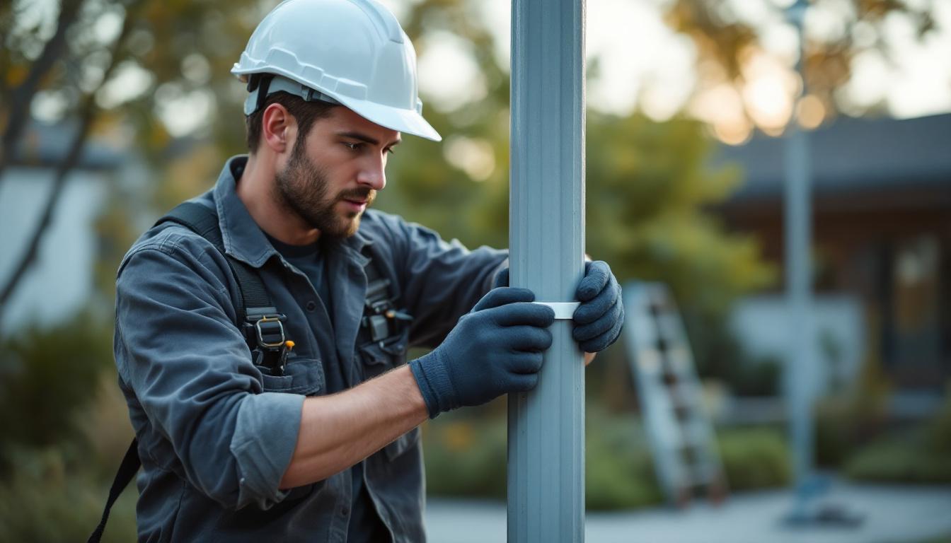 A photograph of a skilled electrical engineer installing a light post sleeve in an outdoor setting