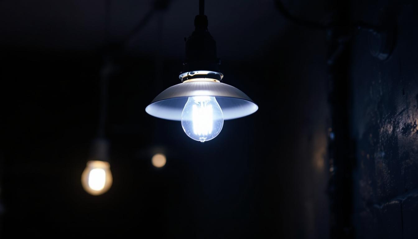 A photograph of a 250-watt metal halide light fixture in a dimly lit environment