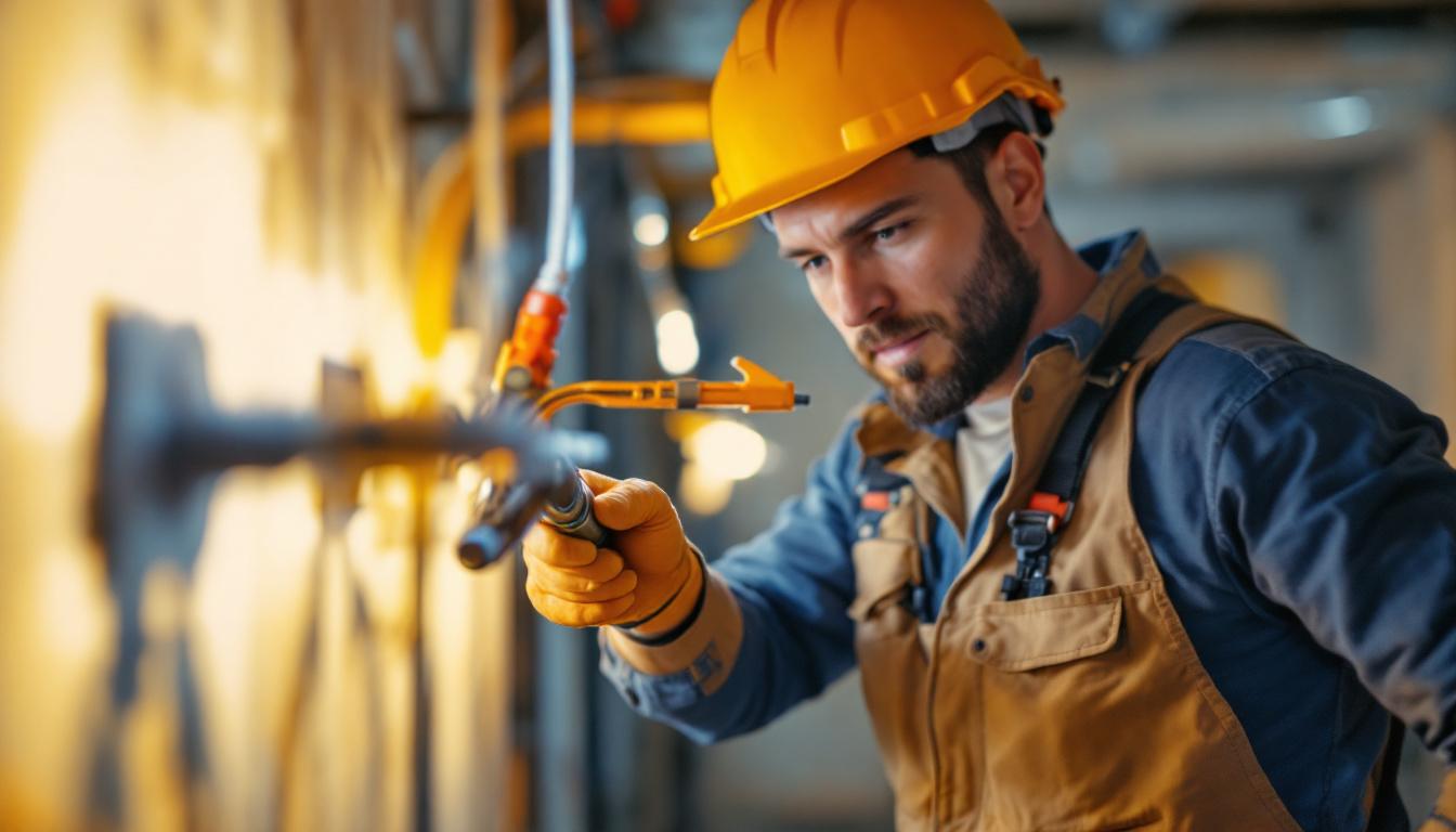 A photograph of a skilled electrician using a specialized wire-pulling tool to efficiently guide electrical wires through a conduit