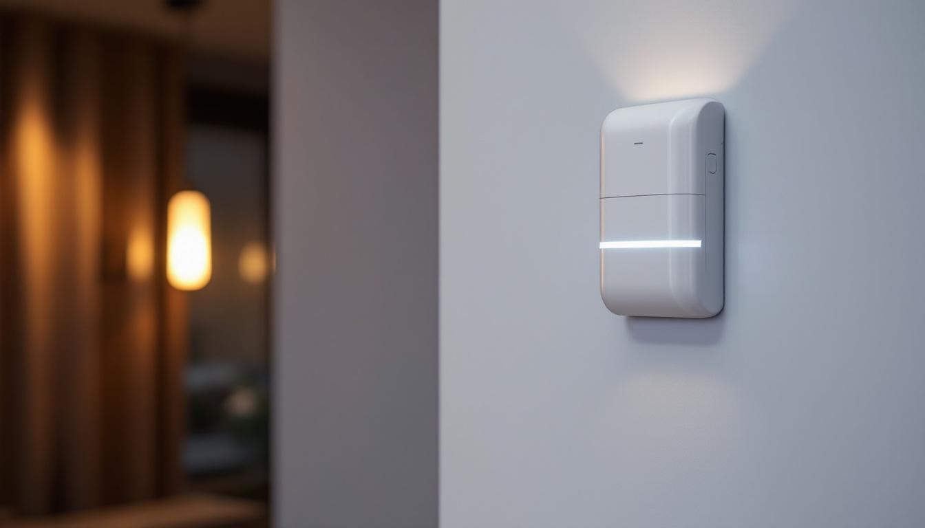A photograph of a wall-mounted motion sensor in a well-lit room
