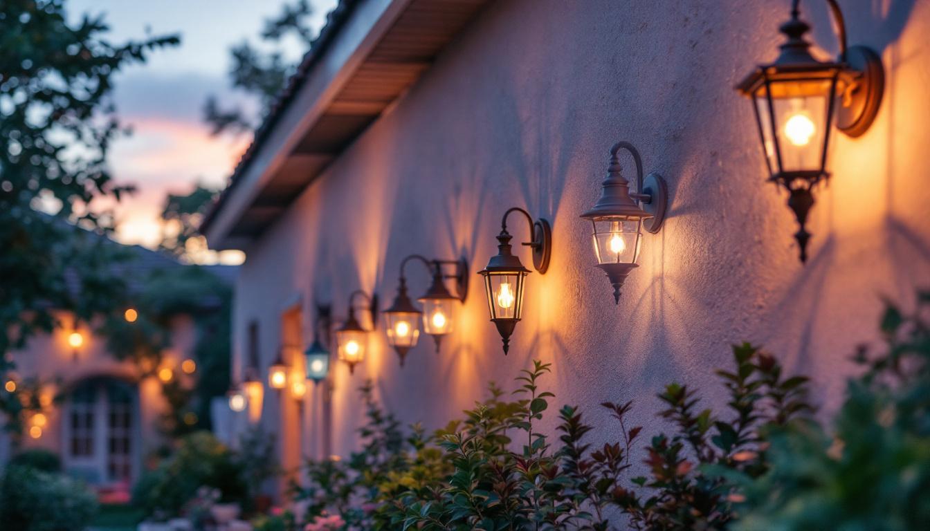 A photograph of a beautifully designed outdoor space featuring a variety of decorative light fixtures