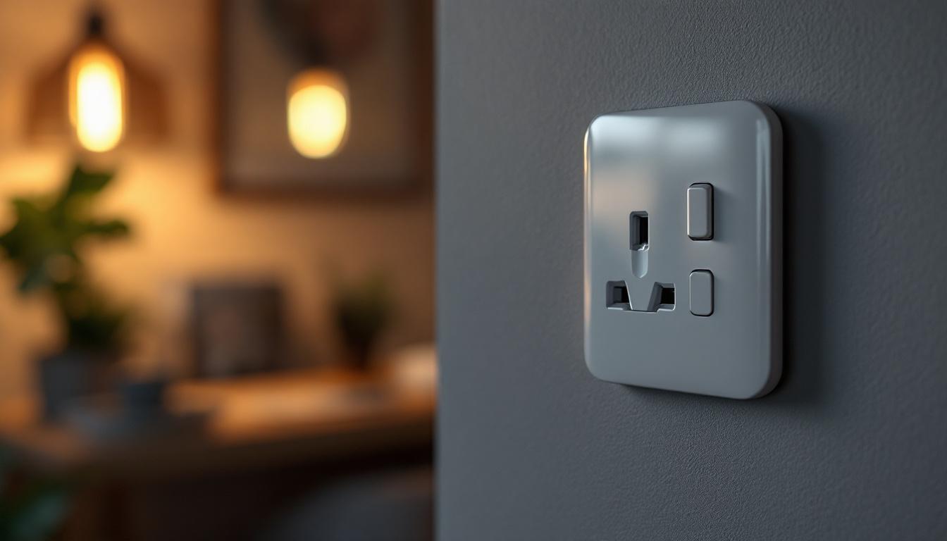 A photograph of a modern interior featuring a stylish light switch and socket in an aesthetically pleasing setting