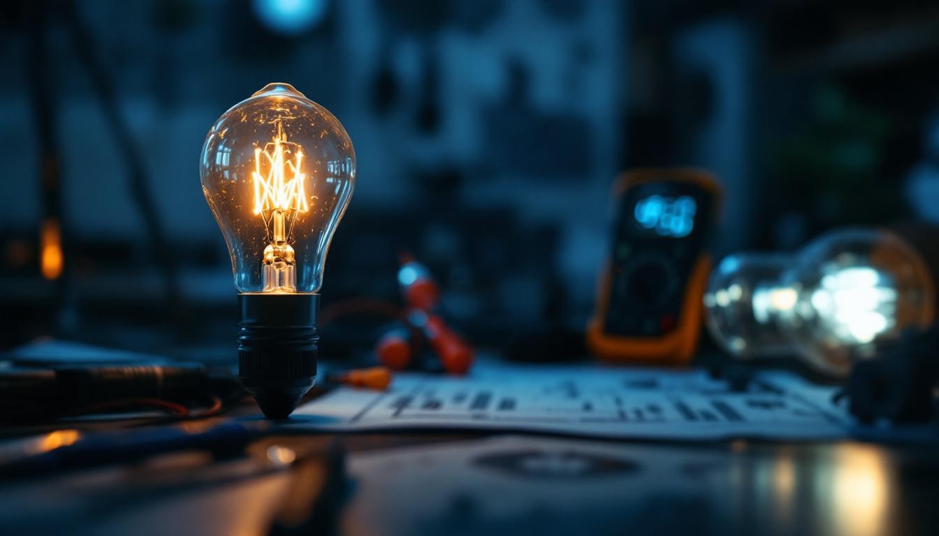 A photograph of a close-up shot of a glowing fluorescent lamp in a dimly lit environment