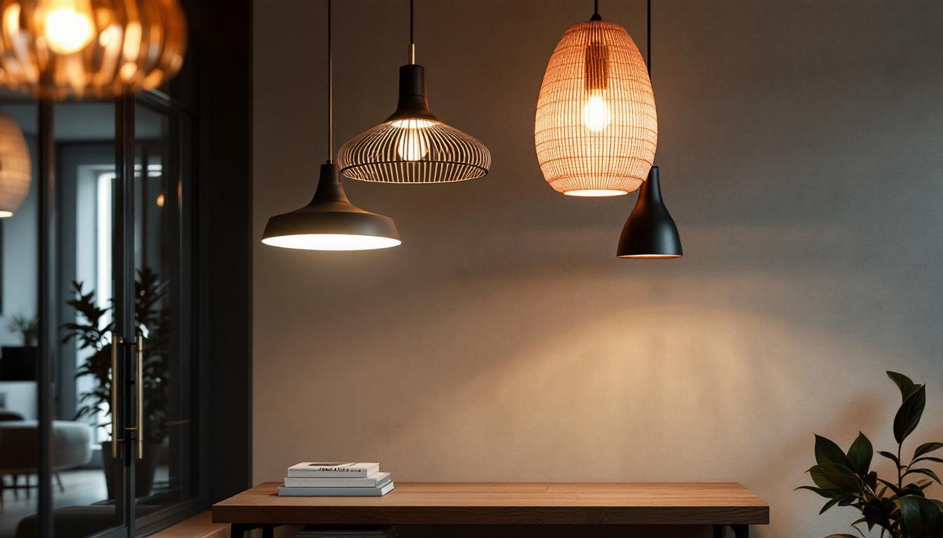 A photograph of a modern room featuring stylish ceiling lamps
