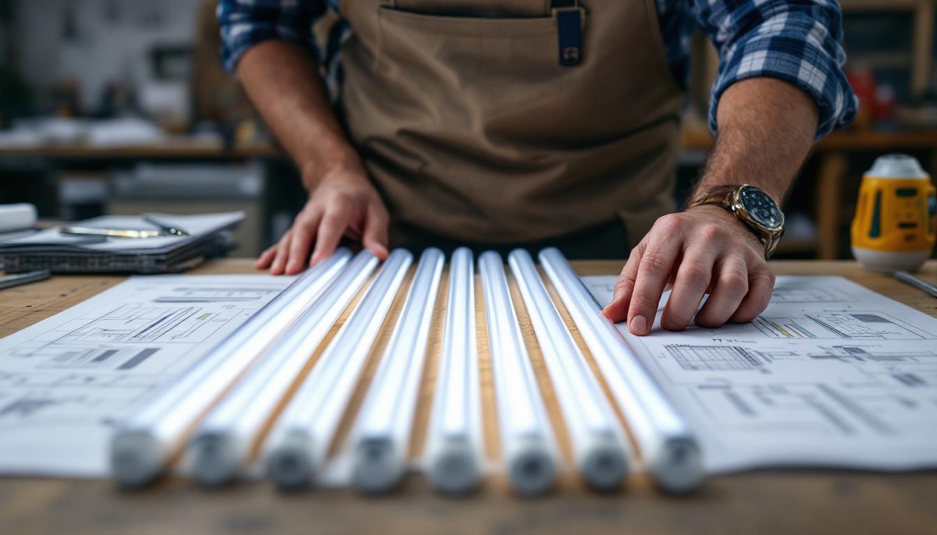 A photograph of a skilled electrical engineer examining various t8 lamp lengths laid out on a workbench