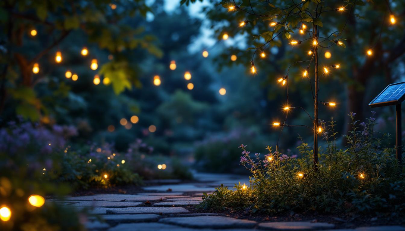 A photograph of capture a photograph of a beautifully illuminated outdoor space featuring solar-powered wire lights twinkling in the evening