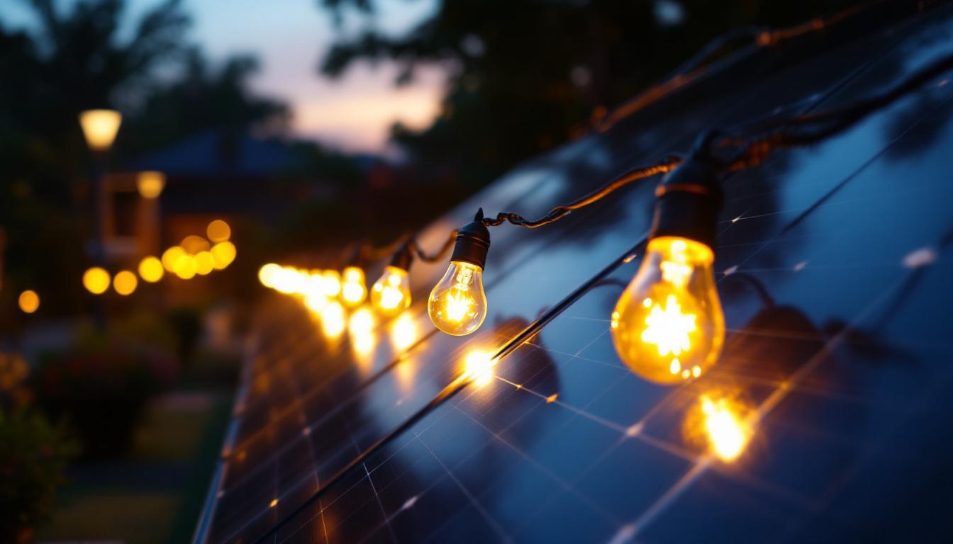 A photograph of a solar panel installation with led light bulbs illuminating a garden or outdoor space at dusk