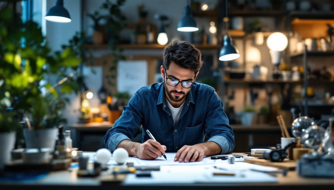 A photograph of a well-lit workspace featuring an electrical engineer calculating lamp and bulb specifications