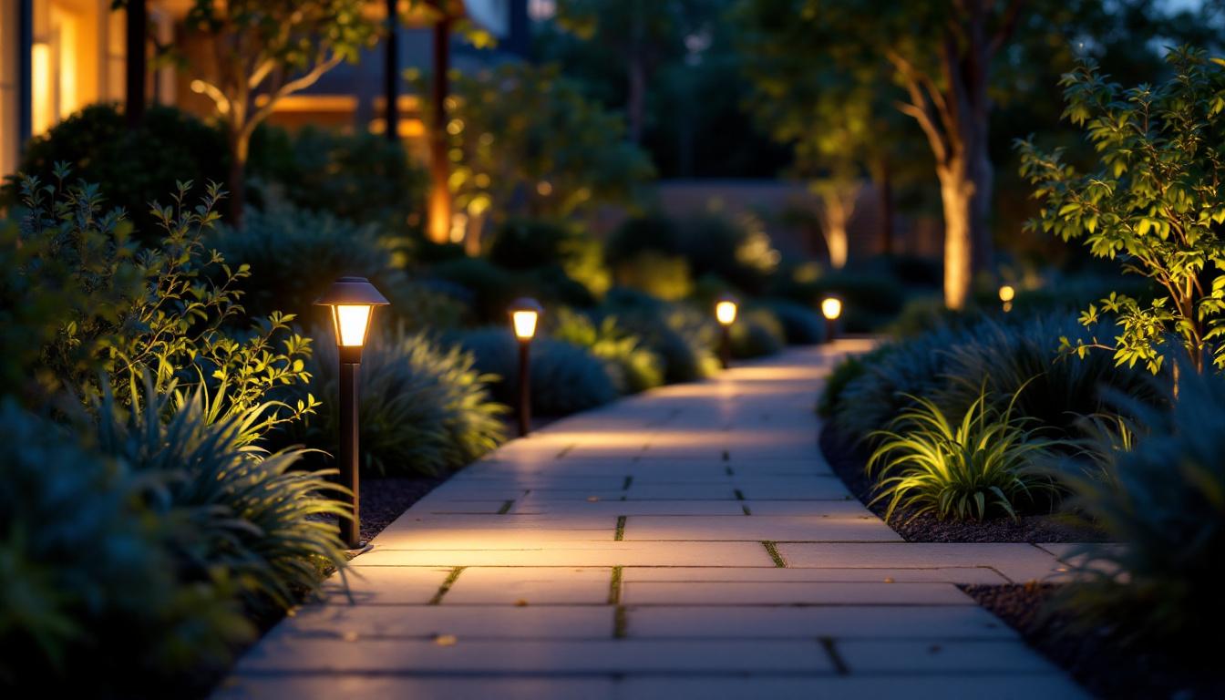 A photograph of capture a photograph of an outdoor scene at dusk featuring a beautifully illuminated pathway or garden
