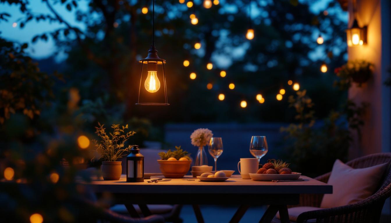 A photograph of a beautifully styled outdoor setting featuring a pendant lantern illuminated at dusk