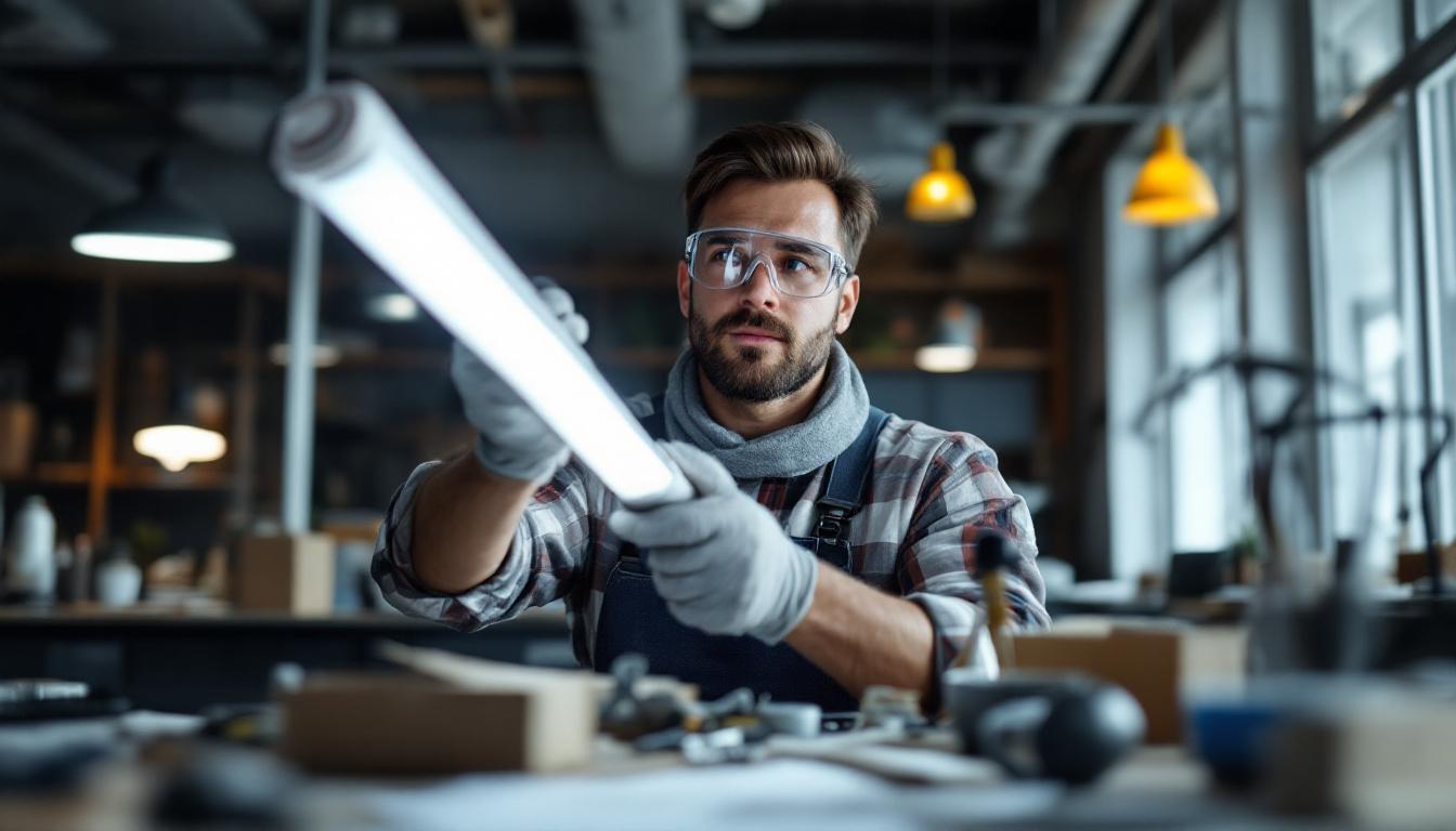 A photograph of a skilled electrical engineer carefully replacing a tube light in a modern workspace