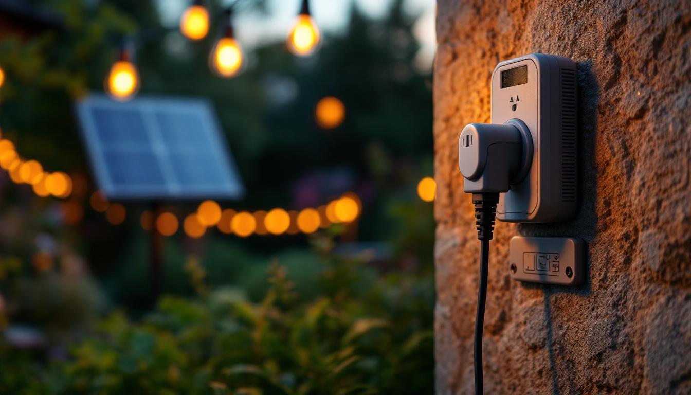 A photograph of a solar power plug connected to outdoor lights in a picturesque garden setting at dusk