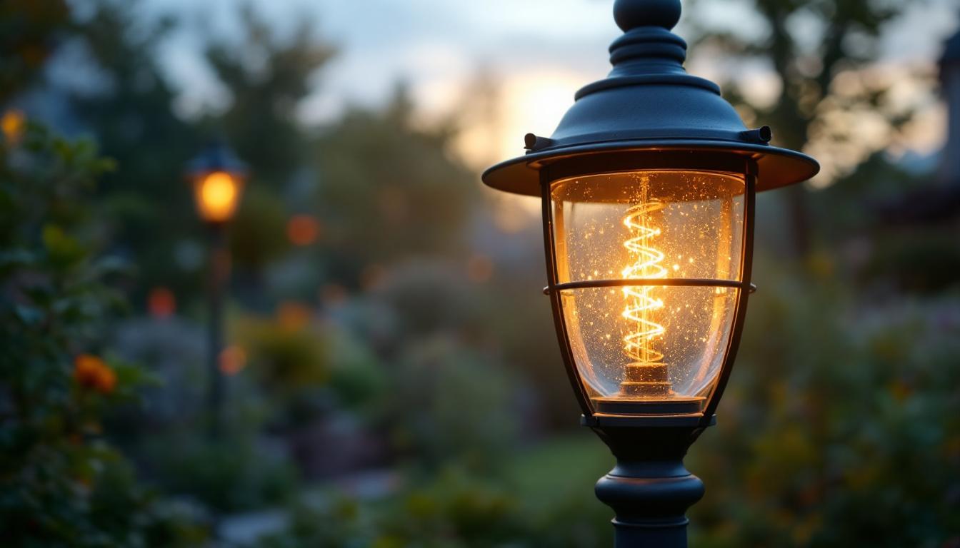 A photograph of a well-designed globe post lantern illuminating a serene outdoor setting