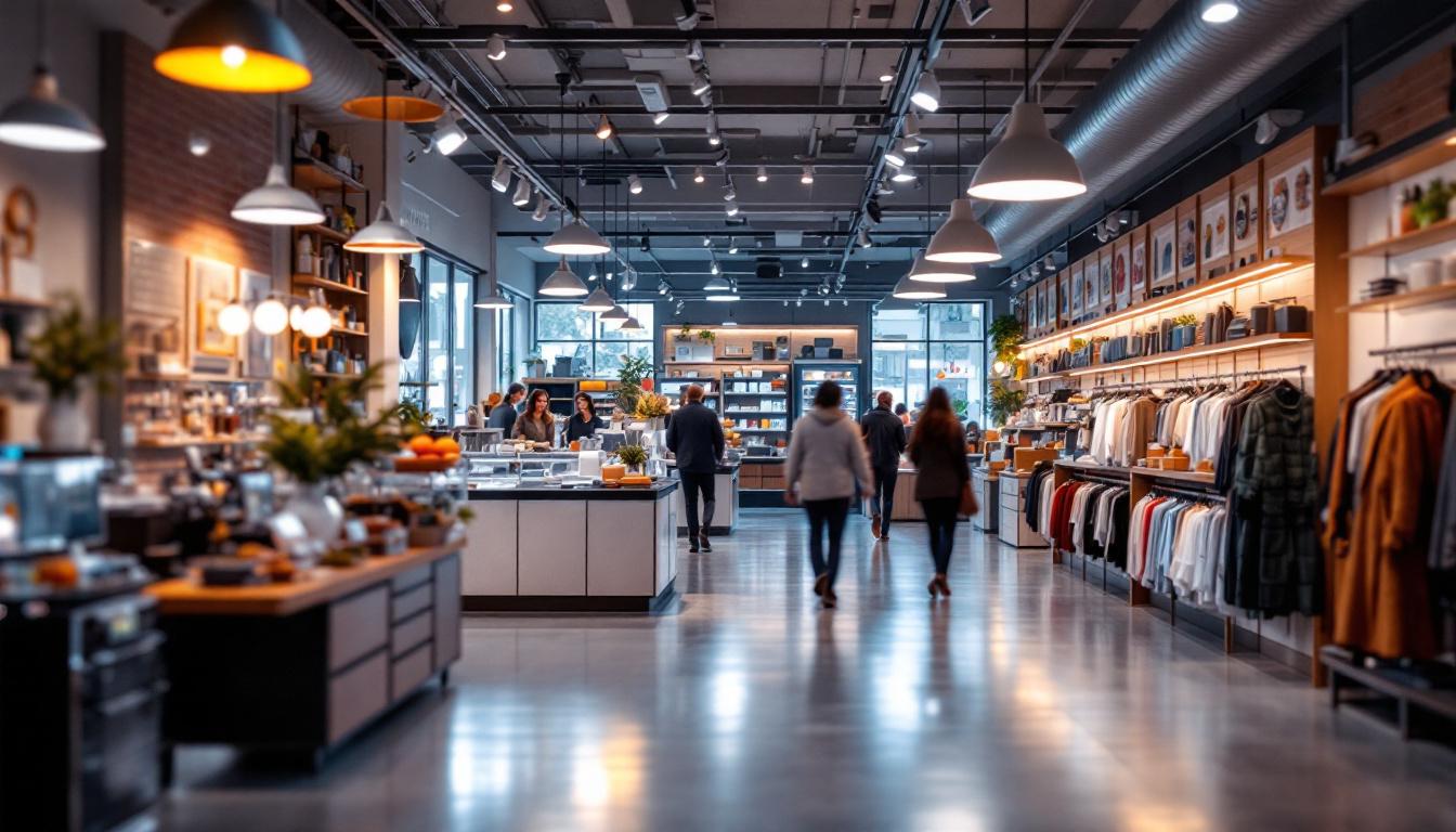 A photograph of a well-lit retail environment showcasing led lighting fixtures in use